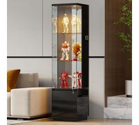 Gurexl Vitrine d'angle en Verre,Vitrine sur Pied avec Lumières LED 3 Couleurs en 4 étagères en Verre Réglables,Casiers d'angle avec Capteur en Porte Vitrée Verrouillable,Pop-up,Noir