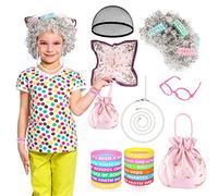 Gurmkzen Costume de 100 jours d'école pour filles, 25 pièces, costume de vieille dame pour enfants, perruques pour enfants avec bracelets Happy 100th Day of School (100 jours de cosplay scolaire)
