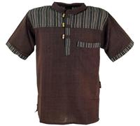Guru-Boutique, Chemise de Pêcheur Népalais, Chemise à Manches Courtes Rayée Goa Hippie, Café, Ducoton, Size:XL, Des Chemises