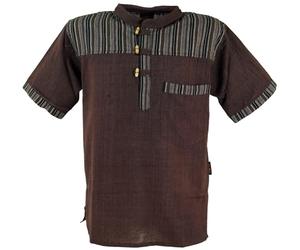 Guru-Boutique, Chemise de Pêcheur Népalais, Chemise à Manches Courtes Rayée Goa Hippie, Café, Ducoton, Size:XXL, Des Chemises