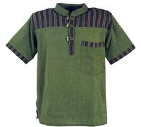 Guru-Boutique, Chemise de Pêcheur Népalais, Chemise Goa Hippie Rayée à Manches Courtes, Olive, Ducoton, Size:L, Des Chemises