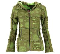Guru-Boutique, Veste en Patchwork de Goa, Veste à Capuche Boho, Vert Olive/citron, Lecoton, Size:S (40), Vestes et Gilets Boho