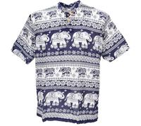 GURU SHOP Chemise de yoga, chemise thaïlandaise avec éléphants, chemise confortable à enfiler, pour homme, synthétique, bleu foncé, M