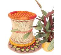 GURU SHOP Grand tabouret indien en bambou, pouf, panier de rangement, rouge/jaune, multicolore, 38 x 40 x 40 cm, meuble d'assise