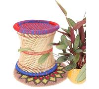 GURU SHOP Grand tabouret indien en osier en bambou, pouf, panier de rangement - Bleu/rouge, multicolore, 38 x 40 x 40 cm