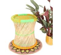 GURU SHOP Grand tabouret indien en osier en bambou, pouf, panier de rangement - Vert/orange, multicolore, 38 x 40 x 40 cm