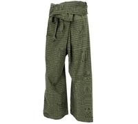 GURU SHOP Pantalon de pêche thaïlandais avec imprimé mantra en coton tissé - Pantalon de yoga pour homme/femme - Vert - Taille unique, vert olive, taille unique