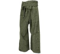 GURU SHOP Pantalon de pêche thaïlandais avec imprimé mantra en coton tissé, pantalon enveloppant, pantalon de yoga, homme/femme, vert, taille : taille unique