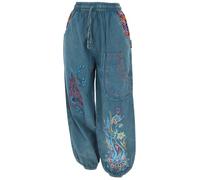 GURU SHOP Pantalon large avec taille large, broderie mandala pour femme, coton, bleu jeans, 38