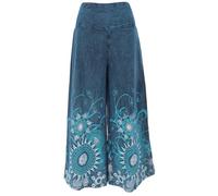 GURU SHOP Pantalon palazzo Boho Flower Power en coton - Jupe avec fleurs - Pantalon évasé pour femme - Coton, bleu, 40