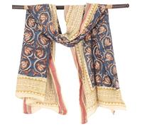 GURU SHOP Paréo léger, sarong, serviette en coton imprimé à la main, lungi avec bordure tissée - Bleu/moutarde, homme/femme, coton, 190 x 120 cm