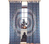 Guru-Shop Rideau Boho, Rideau (1 Paire) Avec Oeillets, Rideau Imprimé à la Main, Motif Mandala - Bleu/turquoise, Bleu, Ducoton, 230x100x0,2 cm, Rideaux et Tentures