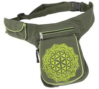 GURU SHOP Sac banane en tissu « Flower of Life », sac banane bohème, sac banane du Népal, vert olive, homme/femme, coton, 25 x 20 x 4 cm, sac banane pour festival, hippie, vert olive, Taille unique