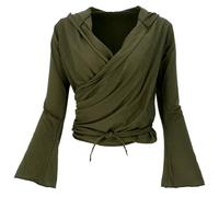 GURU SHOP T-shirt à manches longues avec manches trompettes pour femme en coton, vert olive, 42