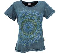 GURU SHOP T-shirt avec imprimé mandala, Stonewashed T-shirt, femme, coton, tops & T-shirts, vêtements alternatifs, bleu, 40
