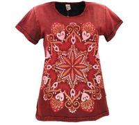 GURU SHOP T-shirt bohème avec imprimé mandala délavé pour femme en coton, rouge, 42