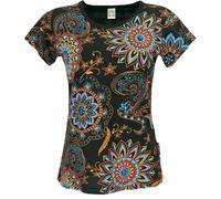 GURU SHOP T-shirt imprimé mandala en coton imprimé pour femme - T-shirt de yoga pour femme, Noir/bleu., 40
