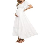 guruixu Swiss Dot Robe de maternité à Volants pour fête prénatale et séance Photo - Robe bohème décontractée à Volants et col en V - Taille Empire, B Blanc., Taille M