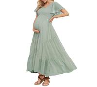guruixu Swiss Dot Robe de maternité smockée pour séance photo et fête | Robe longue de maternité fluide, col en V, manches à volants, taille empire, jupe à volants, robe d'été pour invitée de