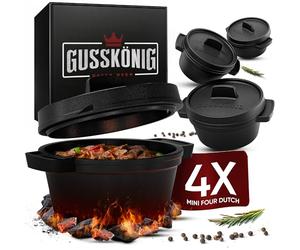 GUSSKÖNIG Ensemble Mini Dutch Oven - 4 Cocottes en Fonte 300 ml avec Couvercle - Cocotte Individuelle pour Barbecue (4 Pièces)