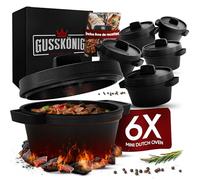 GUSSKÖNIG Ensemble Mini Dutch Oven - 6 Cocottes en Fonte 300 ml avec Couvercle - Cocotte Individuelle pour Barbecue - Inclus : Livre de Recettes & Instructions
