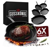 Gusskönig Poêles à Griller en Fonte pour Barbecue (Set de 6) - Petite Poele en Fonte Ø 13,5 cm - 6x Mini Poele Induction avec Livre de Recettes - Mini Poêles Préchauffées - Poelon Fonte