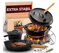 GUSSKÖNIG Set de Dutch Oven 8 pièces - ensemble de casseroles en fonte déjà prétraitées - Marmite Feu de bois - Marmite en fonte feu de bois - avec livre de recettes pour Dutch Oven inclus