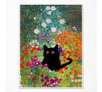Gustav Klimt - Art mural sur toile - Chat noir - Poster fleur de jardin amusant - Impression florale de chat - Coloré - Abstrait - Pour chambre à coucher, salle de bain - 60 x 90 cm - Sans cadre