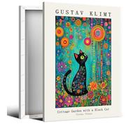Gustav Klimt Impression sur toile représentant un chat noir dans le jardin - Reproduction de peintures à l'huile - Impression florale classique de chat noir pour chambre à coucher et salon - 30,5 x