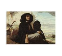 Gustave Courbet Poster sur toile autoportrait avec un chien noir - Décoration pour chambre à coucher, bureau, chambre à coucher, cadeau (50 x 75 cm)