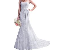 GUSUDRESS Robe de mariée Longue en Dentelle - Épaules dénudées Blanc - Taille 42