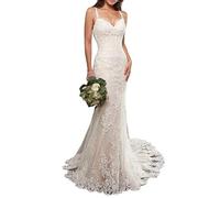GUSUDRESS Robe de mariée sirène Longue en Dentelle Dos Nu pour Bureau Civil, (Blanc, 48)