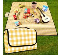 GUSUWU Couverture de pique-nique 200 cm x 200 cm imperméable - Tapis de plage - Tapis de pique-nique lavable et léger avec poignée - Jaune à carreaux - Pour randonnée, voyage, camping, parcs