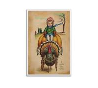GUTAITER Impression sur toile de Thanksgiving Jeune fille chevauchant une citrouille avec la Turquie - Style rétro et esthétique - Impression sur toile pour salle de classe - 30 x 45 cm - Sans cadre