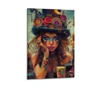 GUTAITER Impression sur toile « The Colorful Girl Is wearing a Flower Hat » - Style rétro et esthétique - Pour salle de classe - 20 x 30 cm - Style cadre