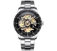 Gute ik décontracté pour homme en acier Noir Squelette mécanique automatique Montre-bracelet Cadran Doré tachymètre