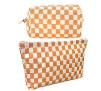 GUTGNK Trousse de maquillage à carreaux pour femme - Trousse de toilette de voyage blanche jaunâtre, grande capacité, sac de rangement en toile, sac fourre-tout esthétique, jolie trousse à crayons,