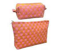 GUTGNK Trousse de maquillage à carreaux pour femme - Trousse de toilette de voyage rose et orange de grande capacité en toile - Sac fourre-tout esthétique - Trousse à crayons mignonne, Rose/orange.