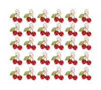 Gutol Lot de 30 breloques cerises rouges avec feuille verte, pendentifs en verre en forme de fruits avec anneau, accessoires pour la création de bijoux
