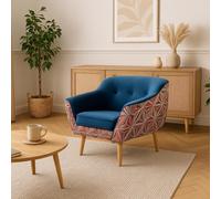 GUTTO Fauteuil bleu avec motif graphique Fauteuil relax MUSTI Fauteuil TV en velours BLEU Motif graphique Fauteuil tapissé scandinave Pieds en bois hauts