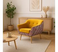 GUTTO Fauteuil jaune avec motif graphique Fauteuil inclinable MUSTI Fauteuil TV en velours jaune Motif graphique Fauteuil tapissé scandinave Pieds en bois hauts