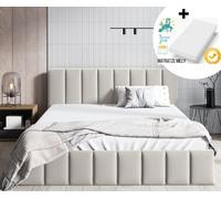 GUTTO lit capitonné 160 x 200 + matelas à ressorts ensachés + lit CARRY avec grille à lattes métalliques avec espace de rangement et espace de rangement ARRIÈRE