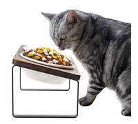 GUUSII HOME Gamelle Chat Surélevée Anti Vomissement 15° Incliné Gamelle pour Chats Interieur Support de Bol Nourriture pour Chaton avec 2 Bols Ceramique de 14cm de Diamètre Facile à Assembler (Brun