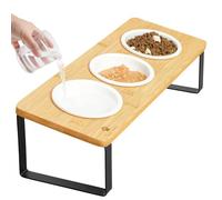 GUUSII HOME Gamelle Chat Surélevée Ceramique Bol Surelevee pour Chat 3 Bols Ø12cm Support Gamelles pour Chats Incline 15°Anti Vomissement Ergonomique Porte Bois Gamelle Chaton 200ml *3 en 1 (Jaune)