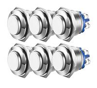 GUUZI 6 pièces Bouton Poussoir Momentané 16mm 3A/250VAC; Bouton Poussoir d'alimentation Etanche 5A/12V DC, Petit Rond en Métal Inoxydable Chromé, 2 Broches N/O (Tête Haute)