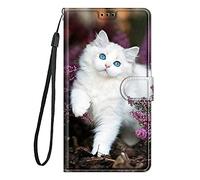 Guxira Coque Cuir pour Samsung Galaxy A02S / M02S Étui à Rabat Motif Dessin pour Filles Femmes, Portefeuille Housse avec Case 360 Degrés Silicone Antichoc Protection Cover Cuir - Chat Blanc