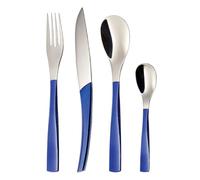 Guy Degrenne Quartz Ménagère 24 Couverts Manche Bleu | 24 pièces en acier inoxydable 18/10 et manches en polymère bleu pour 6 personnes, couteaux lame scie