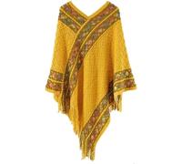 GuYaNa Châle à pompon de pull rétro pour femmes, Poncho à rayures ethniques Vintage en tricot pour femmes, châle de cape à franges à rayures supérieures (Yellow)
