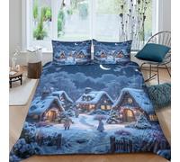 GUYDZOOM Hiver Village scène Linge de Lit 3 Pièces Microfibre résistante 3D Imprimée Respirante Fairy Tale Cozy Housse de Couette avec Fermeture Éclair Douce for Chambre de garçons Double（200x200cm）