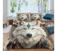 GUYDZOOM Loup Portrait Housse de Couette 3 Pièces Microfibre résistante 3D Imprimée Respirante Native American Style Linge de Lit avec 2 x Taies d'oreiller Super Douce for Adulte Double（200x200cm）